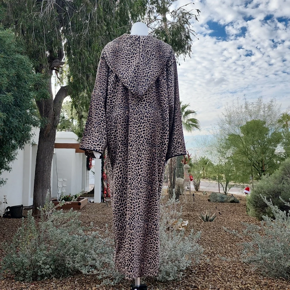 VINTAGE HANDMADE Moroccan Kaftan XL 1X 2X Leopard Hooded Abaya Boho Luxe Robe - Picture 4 of 17